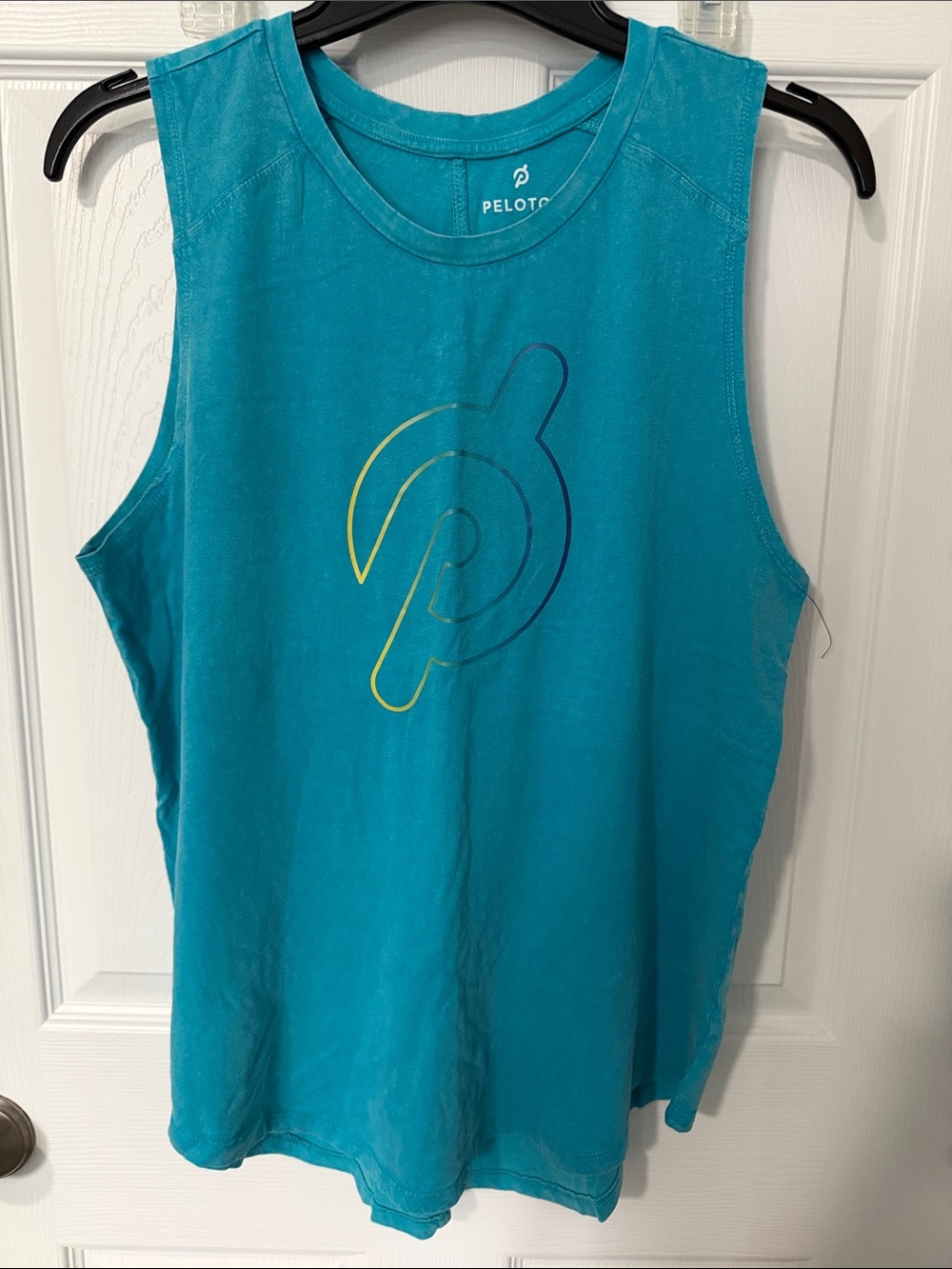 Peloton Teal Muscle Tank with Yellow-Blue Logo
